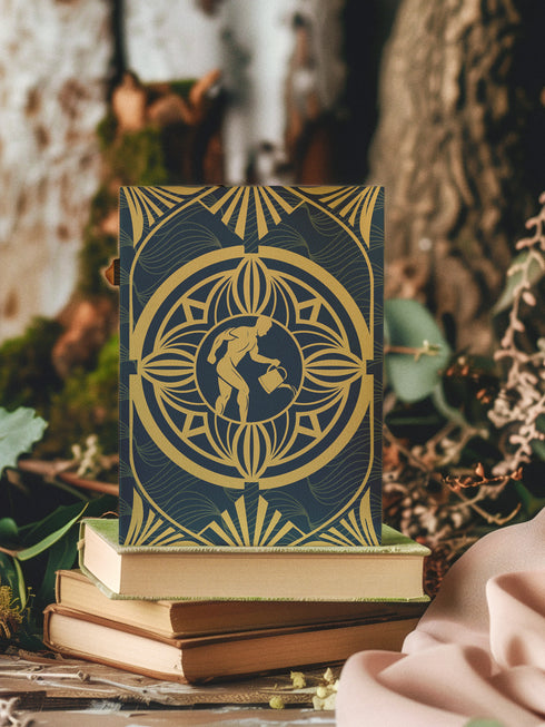 Luxury Art Deco birthday card featuring golden water bearer design on deep blue background with geometric patterns. Contains Aquarius ritual. Perfect for astrology enthusiasts and modern mystics who appreciate elegant design.